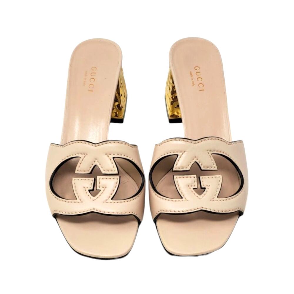 Gucci Sandals Interlocking G Cut-Out Leather Light Nude Gold Heel Size 37 US 7 - Picture 3 of 11